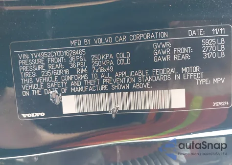 2013 Volvo Xc90 3.2/3.2 Platinum/3.2 Premier Plus z USA, uszkodzony, nr VIN YV4952CY0D1628465